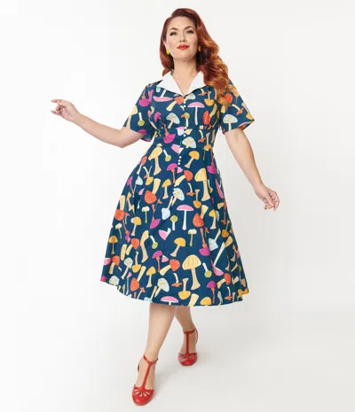Shop Unique Vintage Plus Size Teal & Multicolor Mushroom Swing Dress