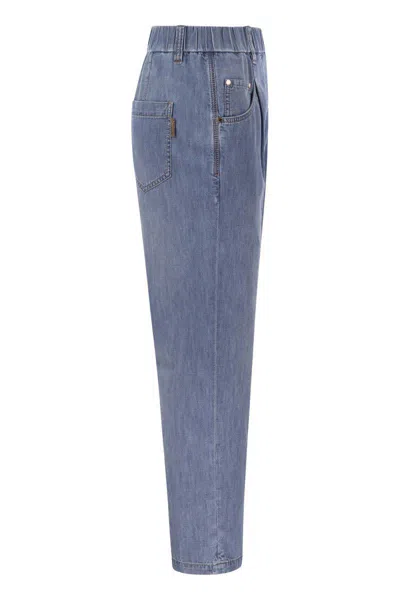 Shop Brunello Cucinelli Lightweight Denim Baggy Trousers With Shiny Tab In Medium Denim