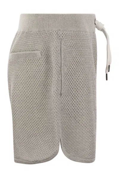 Shop Brunello Cucinelli Sparkling Net Knit Cotton Shorts In Fog