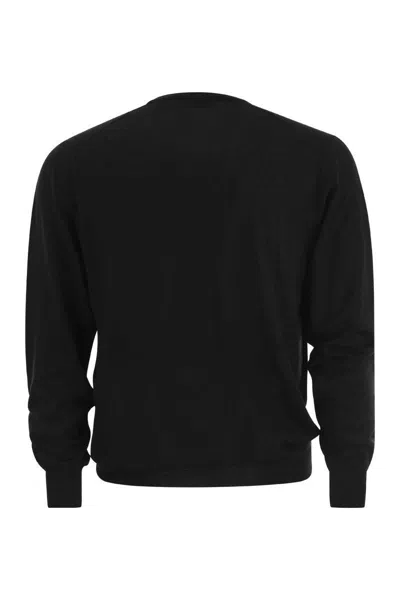 Fedeli Man Black Cashmere Pullover With Round-neck In Black
