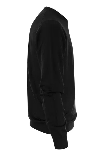 Fedeli Man Black Cashmere Pullover With Round-neck In Black