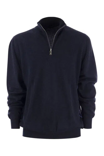 Fedeli Favonio - Zip Turtleneck Sweater In Cashmere In Blue