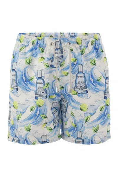 Shop Mc2 Saint Barth Gustavia Swimming Costume With Gin Mare Print Special Edition In Blue