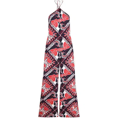 Valentino Archive Manifesto Bandana Print Silk Jumpsuit In Blue/red