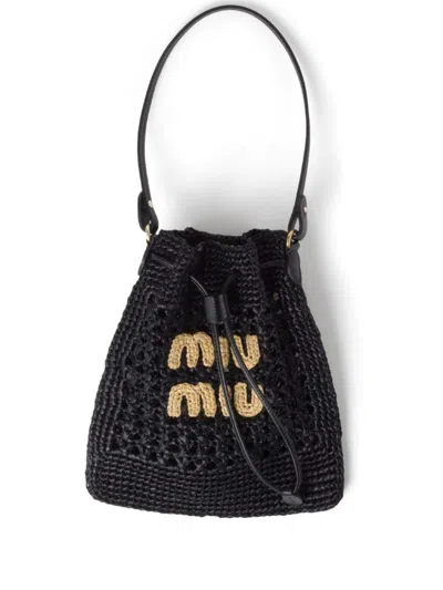 Shop Miu Miu Logo-appliqué Interwoven Shoulder Bag In Nero+naturale