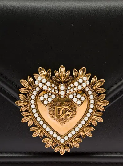 Shop Dolce & Gabbana 'mini Devotion' Black Handbag With Logo Plaque In Leather Woman