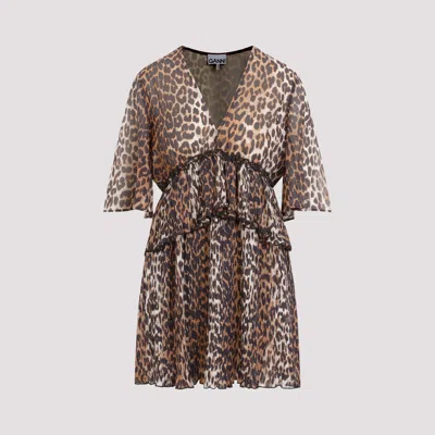 Shop Ganni Animalier Pleated V-neck Mini Dress In Brown