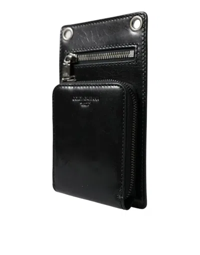 Shop Dolce & Gabbana Black Calf Leather Zip Logo Shoulder Neck Strap Wallet