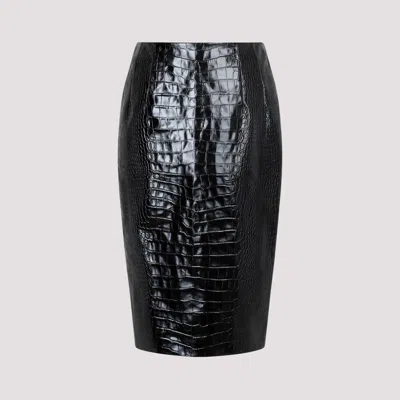 Shop Versace Black Crocodile Print Embossed Leather Skirt