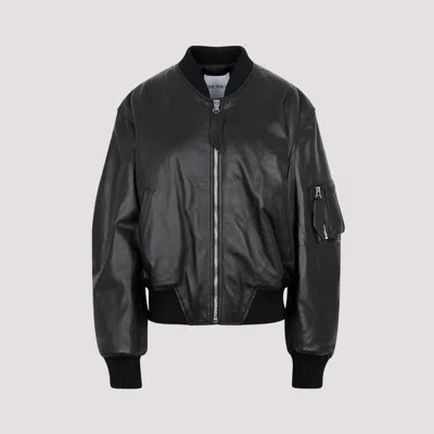 Shop Attico Black Lamb Leather Anja Bomber Jacket