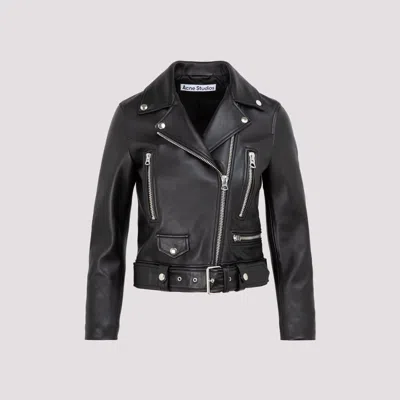 Shop Acne Studios Black Leather Cropped Biker Jacket