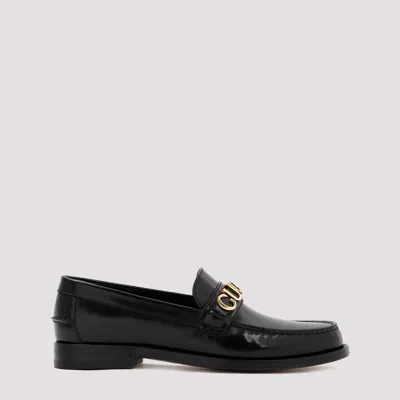 Shop Gucci Black Leather Logo Loafers