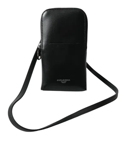 Shop Dolce & Gabbana Black Leather Zip Around Logo Print Lanyard Strap Wallet
