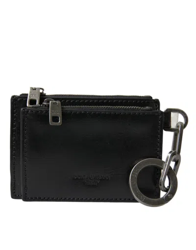 Shop Dolce & Gabbana Black Leather Zip Logo Keyring Coin Purse Keyring Wallet