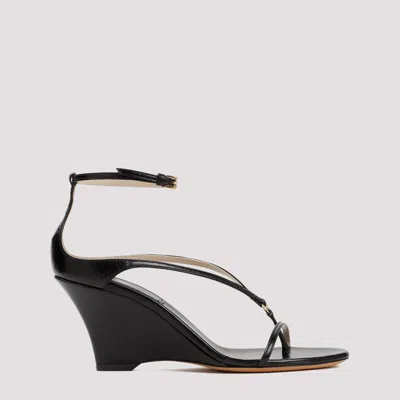 Shop Khaite Black Marion Ankle Strap Wedge Leather Sandals