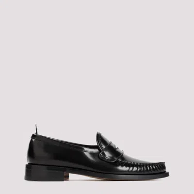 Shop Thom Browne Black Pleated Varsity Calf Leather Loafers