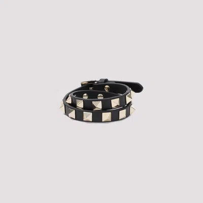 Shop Valentino Black Rockstud Bracelet In Leather And Metal