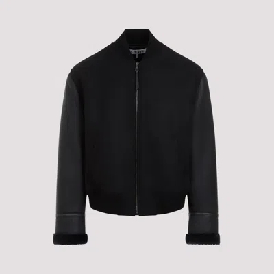 Shop Loewe Black Wool Bomber Jacket