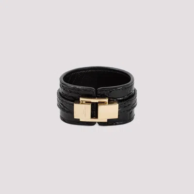 Shop Saint Laurent Black Ysl Croco Calf Leather Bracelet