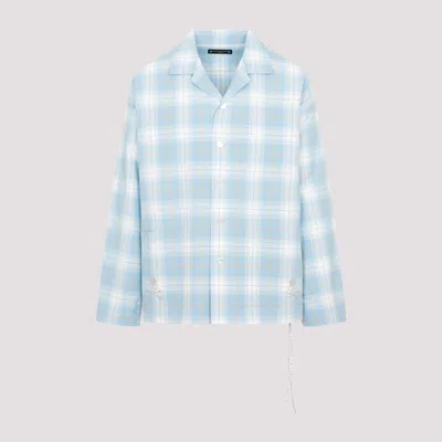 Shop Mastermind Blue Cotton Open Collar Plaid Shirt