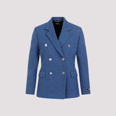 Shop Versace Blue Denim Cotton Informal Tweed Jacket