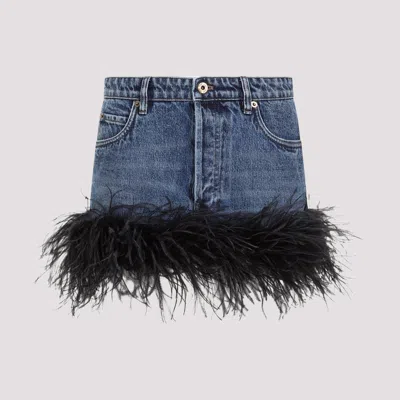 Shop Miu Miu Blue Denim Cotton Skirt With Feathers