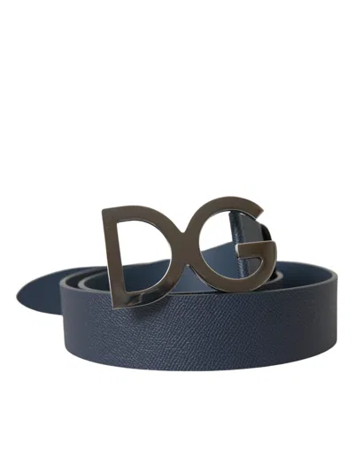Shop Dolce & Gabbana Blue Leather Silver Logo Metal Buckle Belt