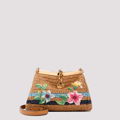 Shop Etro Camel Embroidered Vela Raffia Handbag In Brown