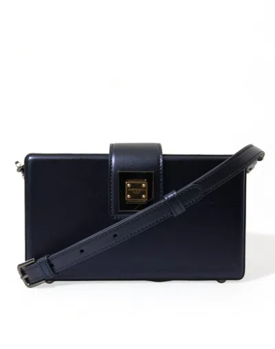 Shop Dolce & Gabbana Elegant Dark Blue Lambskin Leather Box Bag