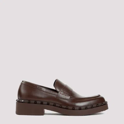 Shop Valentino Fondant Brown Leather Rockstud Loafer In Nude & Neutrals