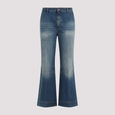 Shop Victoria Beckham Indigo Cropped Kick Cotton Jeans In Blue