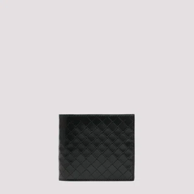 Shop Bottega Veneta Inkwell Black Leather Vernice Intreccio Bifold In Grey