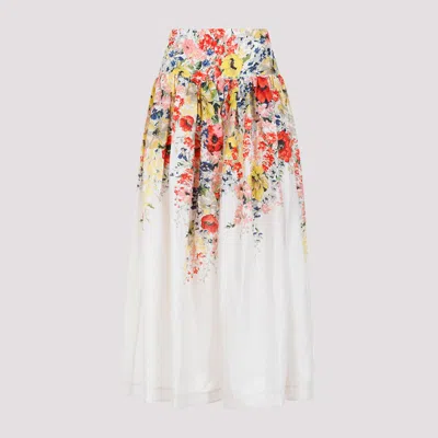 Shop Zimmermann Ivory Floral Alight Basque Linen Midi Skirt In Multicolour