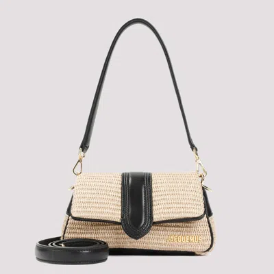 Shop Jacquemus Le Petit Bambimou Bag In Ivory Raffia And Black Leather In Nude & Neutrals