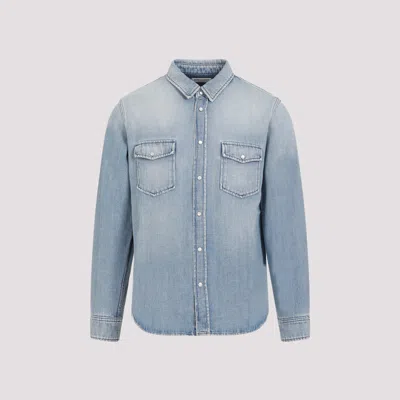 Shop Saint Laurent Light Blue Oversize Pointy Pockets Cotton Shirt