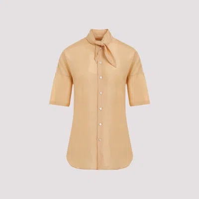 Shop Lemaire Light Orange Short Sleeves Fitted With Scarf Silk Shirt In Yellow & Orange