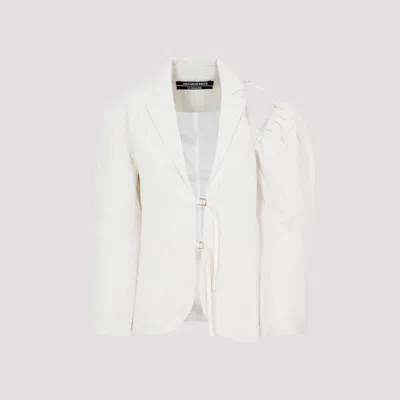 Shop Jacquemus Off White Linen Galliga Jacket In Nude & Neutrals