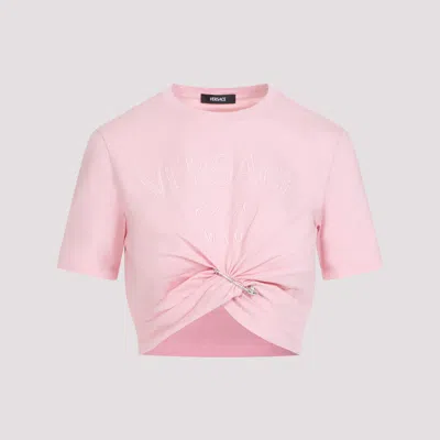 Shop Versace Pale Pink Cotton Cropped Logo T-shirt In Pink & Purple