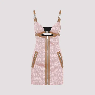 Shop Versace Pale Pink Beige Logo Mini Dress In Nude & Neutrals