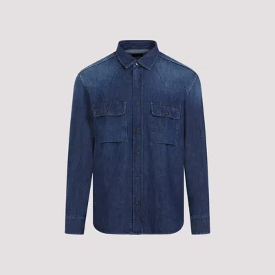 Shop Brioni Petroleum Bleu Cotton Western Shirt In Blue