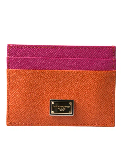 Shop Dolce & Gabbana Pink Orange Heart Sequin Leather Logo Card Holder Wallet