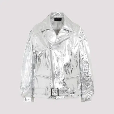 Shop Simone Rocha Silver Puff Sleeves Lamb Leather Biker Jacket In Metallic