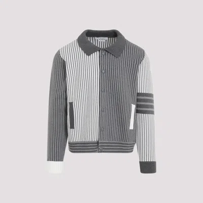 Shop Thom Browne Tonal Grey Polo Collar Cotton Bomber Jacket