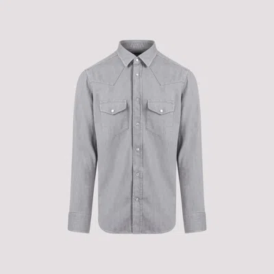 Shop Tom Ford Washed Grey Cotton Denim Western Shirt