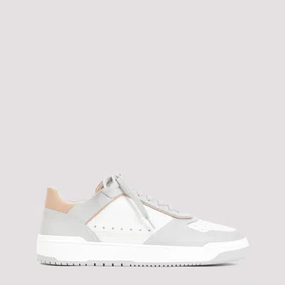 Shop Brunello Cucinelli White Grey Grained Leather Sneakers In Nude & Neutrals