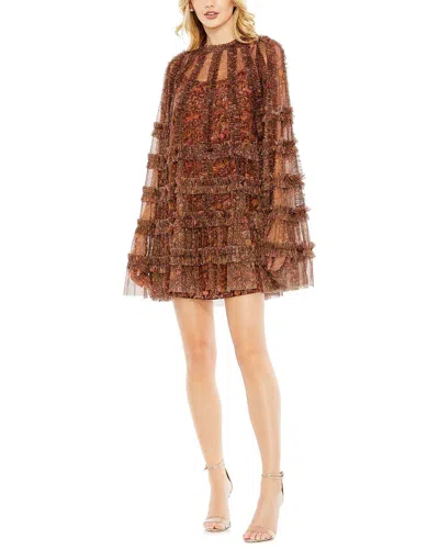 Shop Mac Duggal Floral Print Long Flare Sleeve Mesh A-line Dress In Brown