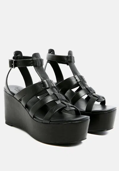 Shop Rag & Co Windrush Cage Wedge Leather Sandal In Black In Grey