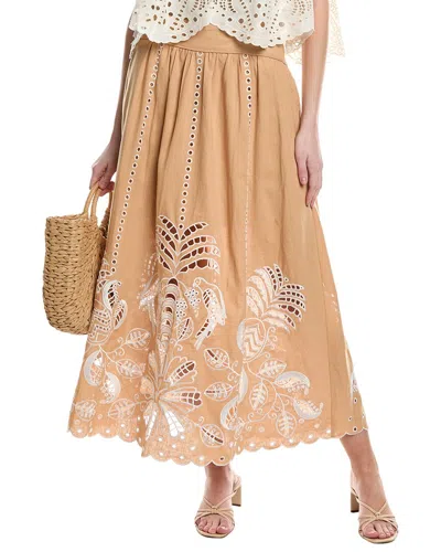 Shop Farm Rio Richilieu Linen-blend Midi Skirt In Brown