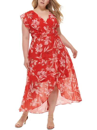 Shop Jessica Howard Plus Womens Chiffon Floral Maxi Dress In Red
