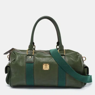 Shop Mcm Leather Double Pocket Bag In Green